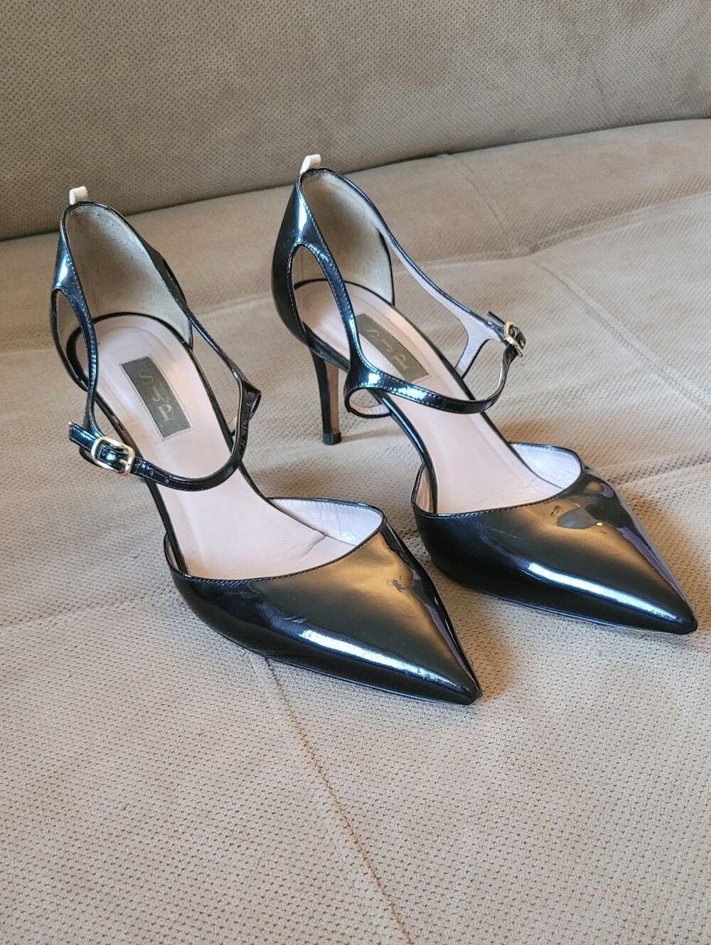 SJP Black Patton Leather Structural Pumps Ankle Strap  6 1/2,  2 1/2" Heel